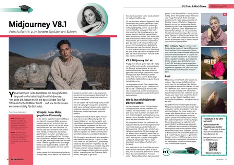 Doppelseite aus KI-BUZZER Heft 8 mit dem Beitrag „Midjourney V8.1“ von Yana Hartmann