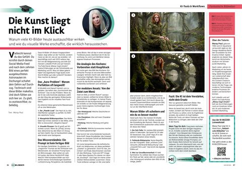 Doppelseite aus KI-BUZZER Heft 8 mit dem Beitrag „Die Kunst liegt nicht im Klick“ von Maray Paul