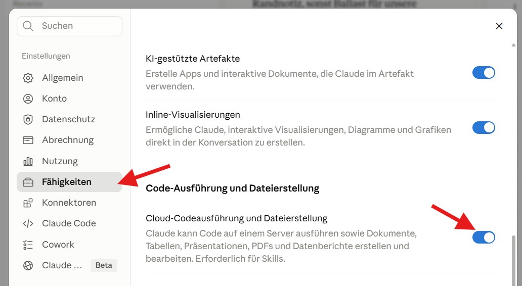 Einstellungen-Bereich „Fähigkeiten“ in Claude mit aktiviertem Schalter „Codeausführung und Dateierstellung“