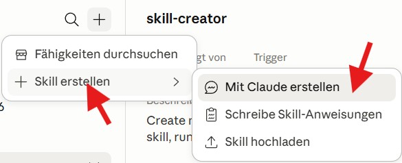 Menü „Skill erstellen“ in Claude mit der Option „Mit Claude erstellen“