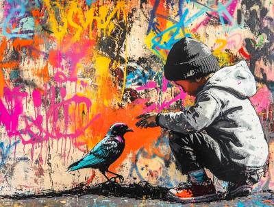 Kleiner Junge spielt mit einem Vogel