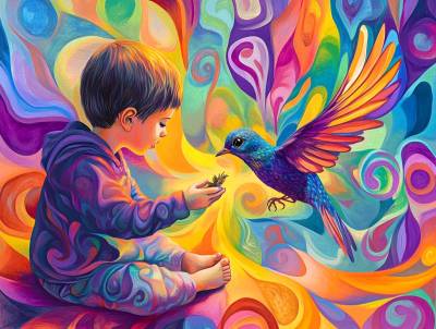 Kleiner Junge spielt mit einem Vogel