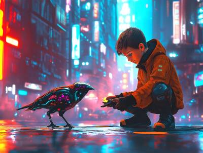 Kleiner Junge spielt mit einem Vogel