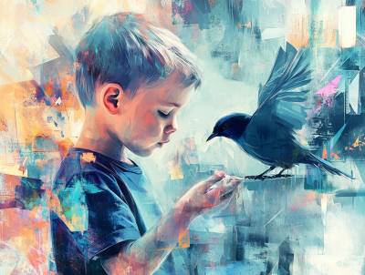 Kleiner Junge spielt mit einem Vogel