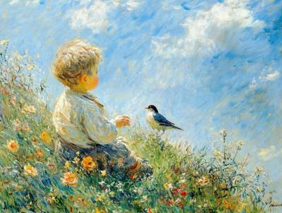 Kleiner Junge spielt mit einem Vogel