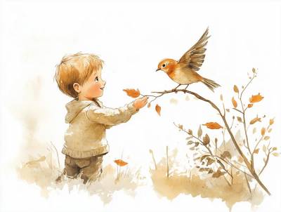 Kleiner Junge spielt mit einem Vogel