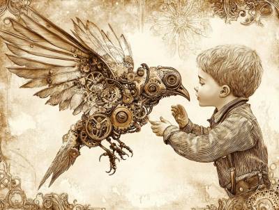 Kleiner Junge spielt mit einem Vogel