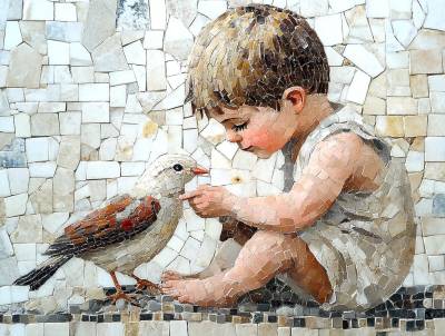 Kleiner Junge spielt mit einem Vogel