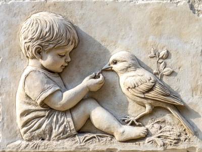 Kleiner Junge spielt mit einem Vogel