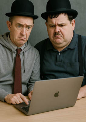 Zwei Männer die an Dick und Doof erinnern in moderner Kleidung schauen verwirrt auf einen Laptop