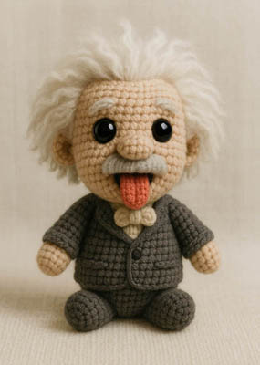 Albert Einstein als süße gehäkelte Amigurumi-Figur mit zerzauster Frisur und herausgestreckter Zunge