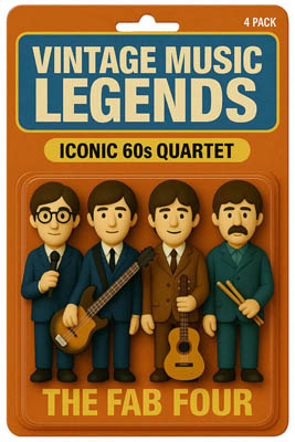 Vier stilisierte Musiker als Sammelfiguren in Blisterverpackung mit 60er-Jahre-Ausstrahlung