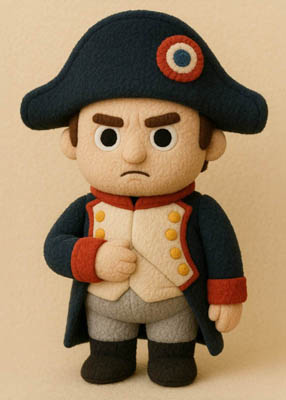 Napoleon Bonaparte als niedliche Plüschfigur im Filz-Stil mit historischer Uniform und Zweispitz