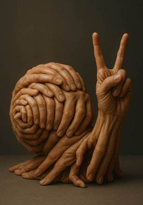 Surreale Skulptur in Schneckenform aus menschlichen Händen mit Friedenszeichen