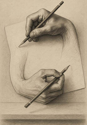 Zwei Hände zeichnen sich gegenseitig mit Bleistift im Stil von M.C. Escher