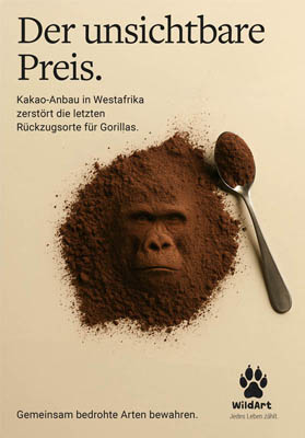 Kakaopulver in Afrika-Form mit Gorilla-Gesicht, Tierschutz-Plakat für WildArt