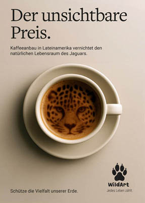 Kaffeetasse mit Jaguar-Silhouette in der Crema, Tierschutz-Plakat für WildArt