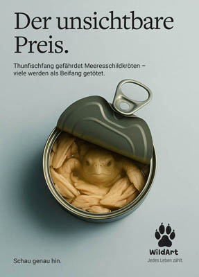 Geöffnete Thunfischdose mit Meeresschildkröten-Silhouette, Tierschutz-Plakat für WildArt