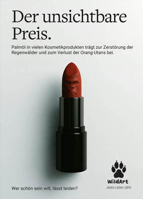 Roter Lippenstift mit Orang-Utan-Silhouette, Tierschutz-Plakat gegen Palmöl für WildArt