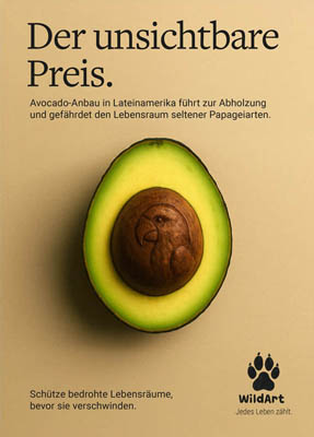 Aufgeschnittene Avocado mit Papagei-Silhouette im Kern, Tierschutz-Plakat für WildArt