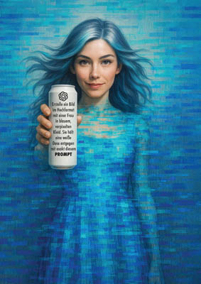 Meta-Kunstwerk: Dose mit dem eigenen Prompt als Text darauf - Prompt beschreibt sich selbst