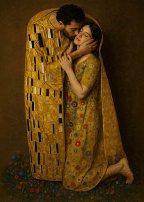 Realistische Nachstellung von Gustav Klimts 'Der Kuss' mit echten Menschen in typischer Pose