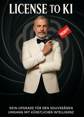 Bond-Parodie: Mann im weißen Smoking mit Pistole aus der ein Prompt-Fähnchen ragt