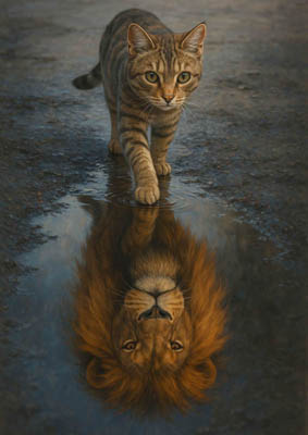 Katze läuft durch Pfütze, in der Spiegelung zeigt sich ein stolzer Löwe - Symbol für ungenutztes Potenzial