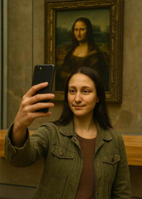Die Mona Lisa als echte Frau macht ein Selfie vor ihrem eigenen Gemälde im Louvre