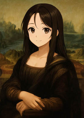 Mona Lisa im Anime-Stil mit großen Augen und dezentes Lächeln