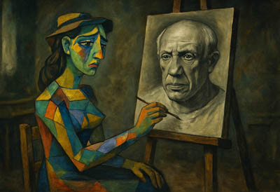 Dora Maar im kubistischen Stil Picassos malt ein fotorealistisches Kohleporträt von Pablo Picasso