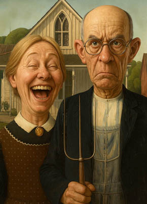 American Gothic als 3D-Karikatur mit überzeichneten Köpfen und detailreichen Texturen