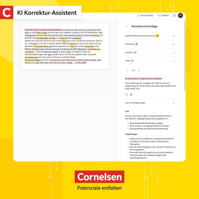 Individuelles Feedback auf Knopfdruck: Der KI-Korrektur-Assistent analysiert Grammatik, Ausdruck, Rechtschreibung und Inhalt und gibt differenziertes Feedback.