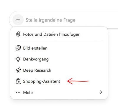 Den Shopping-Assistenten findest du im Plus-Menü