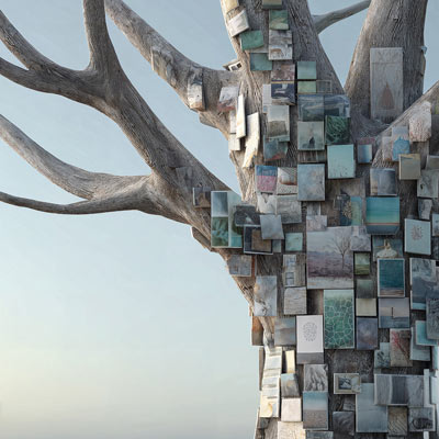 Bilderbaum – Ein surrealer Baum, dessen Blätter aus hunderten kleiner KI-Kunstwerke bestehen