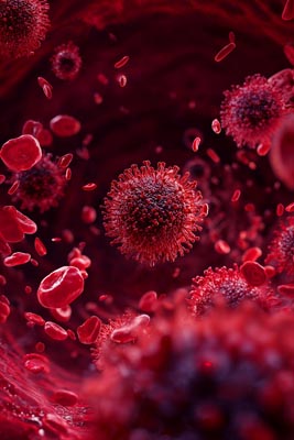 Mikrowelt im menschlichen Blut mit Blutzellen und Viren