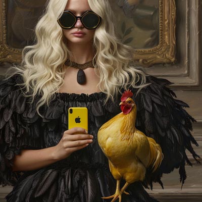 Blonde Frau in einem Chicken-Kleid – ein glücklicher Tippfehler