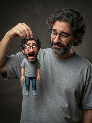 Mann hält eine kleine Cartoon-Version von sich selbst