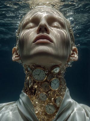 Frau mit Uhren am Hals – Unterwasserportrait mit Taschenuhren