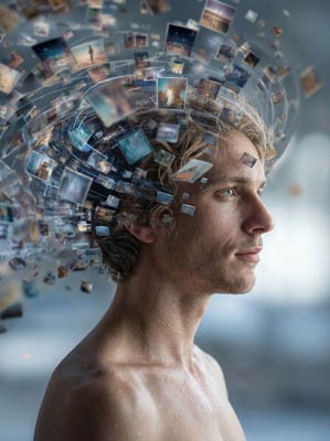 Mensch umgeben von einer Konstellation aus KI-generierten Bildern