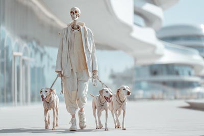 Skelett in Frühlingsmode geht mit Hunden spazieren