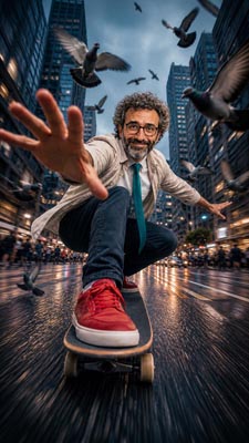 Dr. Buzz fliegt auf dem Skateboard durch eine Großstadt