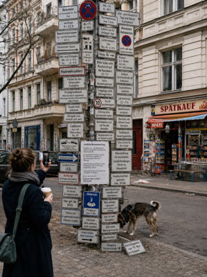 Schilderwald in Berlin mit absurden Ortsnamen