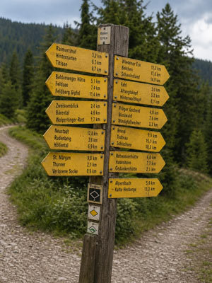 Wanderwegweiser mit absurden Zielen wie Wolpertinger-Rast und Verlorene Socke