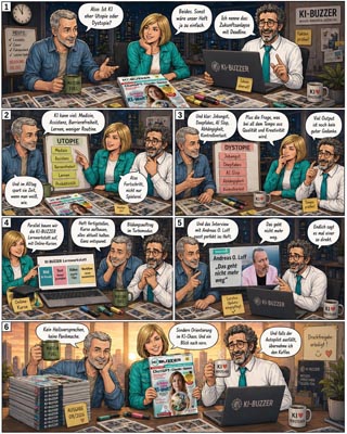 Comic „Heftproduktion bei KI-BUZZER“ mit Chefredakteur Miran, Meike und Dr. Buzz