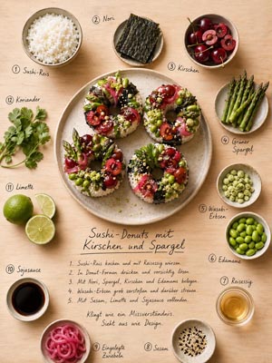 Rezeptkarte Sushi-Donuts mit Kirschen und Spargel