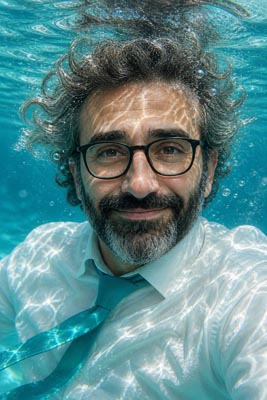 Dr. Buzz beim Unterwasser-Selfie im Anzug