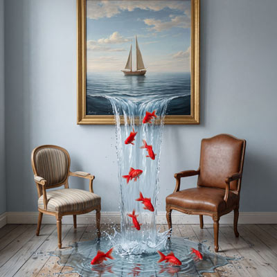 Wasser im Rahmen – Gemälde, aus dem echtes Wasser und rote Fische in den Raum strömen
