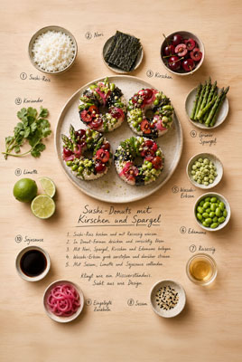 Liebevoll gestaltete Rezeptseite mit Top-down-Flatlay, Zutaten in Keramikschalen und handschriftlichen Notizen