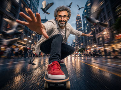 Dynamisches Action-Porträt einer skateboardfahrenden Person in nasser Großstadtstraße bei Dämmerung